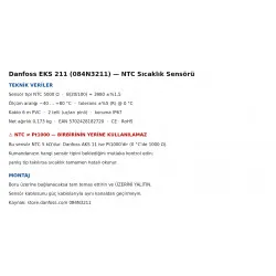 Danfoss EKS 211 NTC Sıcaklık Sensörü (084N3211) – NTC 5 kΩ, 6 m Kablo, −40…+80 °C, IP67