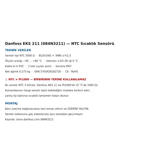 Danfoss EKS 211 NTC Sıcaklık Sensörü (084N3211) – NTC 5 kΩ, 6 m Kablo, −40…+80 °C, IP67