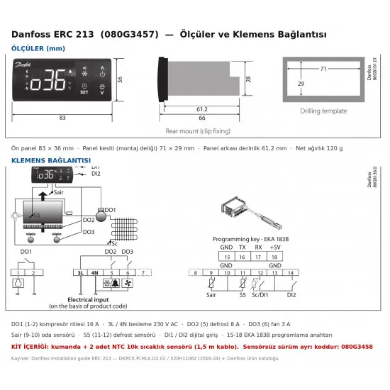 Danfoss ERC 213 Dijital Termostat Kiti (080G3457) – 230V, 3 Röle, 2 Adet NTC 10k Sensör Dahil