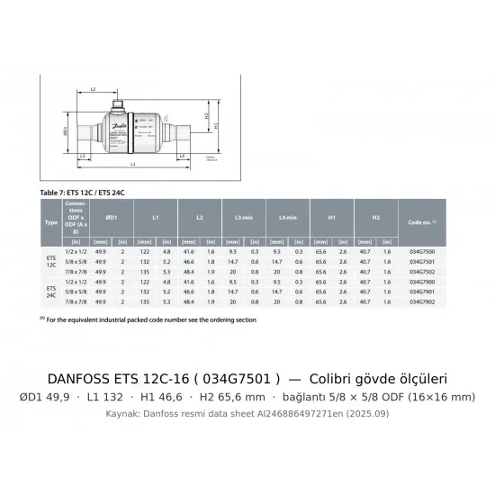 Danfoss ETS 12C-16 Colibri Elektronik Ekspansiyon Valfi (034G7501) | ~98 kW R410A | 5/8" ODF | Bi-Flow