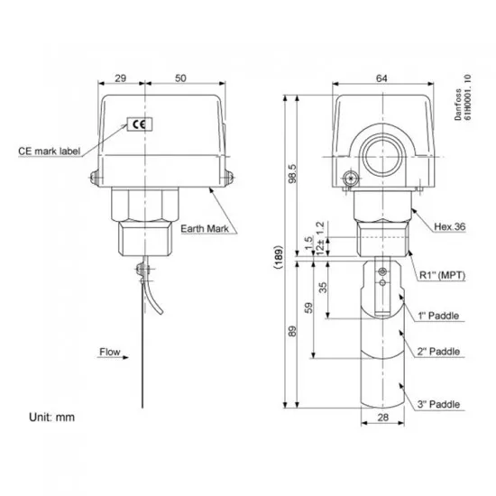 Danfoss FQS Sıvı Akış Şalteri (Flow Switch) 061H4000 – SPDT Kontak, 1” R Dişli Bağlantı, 9.8 bar Çalışma Basıncı, IP20 Koruma