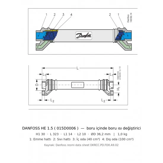 Danfoss HE 1.5 Boru Tipi İç Isı Değiştirici (015D0006) | 1/2" Sıvı × 3/4" Emme ODF | 28 Bar