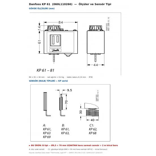 Danfoss KP 61 Termostat (060L110266) – −30 / +13 °C, SPDT, Otomatik Reset, 2 m Kılcal Borulu Uzak Sensör