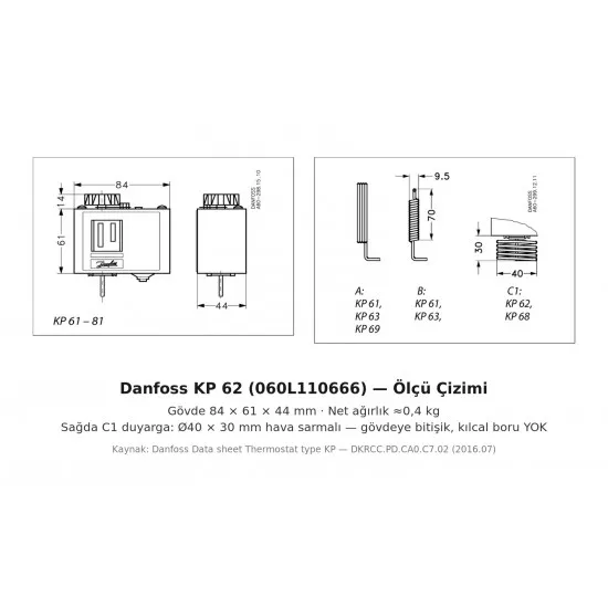Danfoss KP 62 Termostat (060L110666) – −30 / +15 °C, SPDT, Otomatik Reset, Ø40 mm Hava Sarmalı Sensör