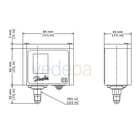 Danfoss KP6W 060-519066 Basınç Şalteri - SPDT, 1/4 inç Flare Bağlantılı, 8-42 Bar Ayarlanabilir Basınç Aralığı