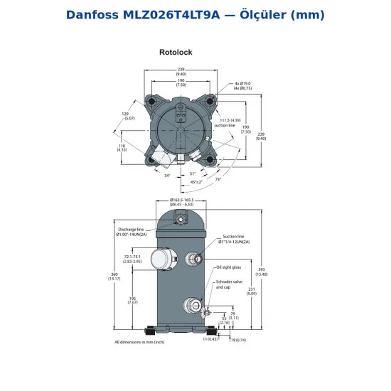 Danfoss MLZ026T4LT9A Scroll Kompresör (121L8754) | 3,5 HP | 10.258 W (35.020 BTU/h) | R404A | 3 Faz 380-415V | Rotalock