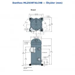 Danfoss MLZ038T4LC9B Scroll Kompresör (121L8442) | 5 HP | 14.540 W (49.640 BTU/h) | R455A / R454C A2L + R404A | 3 Faz 380-415V