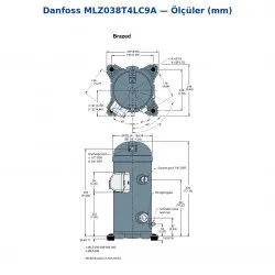Danfoss MLZ038T4LC9A Scroll Kompresör (121L8645) | 5 HP | 14.540 W (49.640 BTU/h) Soğutma Kapasiteli | R404A / R448A / R449A / R452A | 3 Faz 380-415V