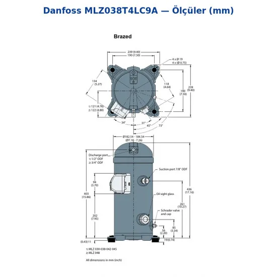 Danfoss MLZ038T4LC9A Scroll Kompresör (121L8645) | 5 HP | 14.540 W (49.640 BTU/h) Soğutma Kapasiteli | R404A / R448A / R449A / R452A | 3 Faz 380-415V
