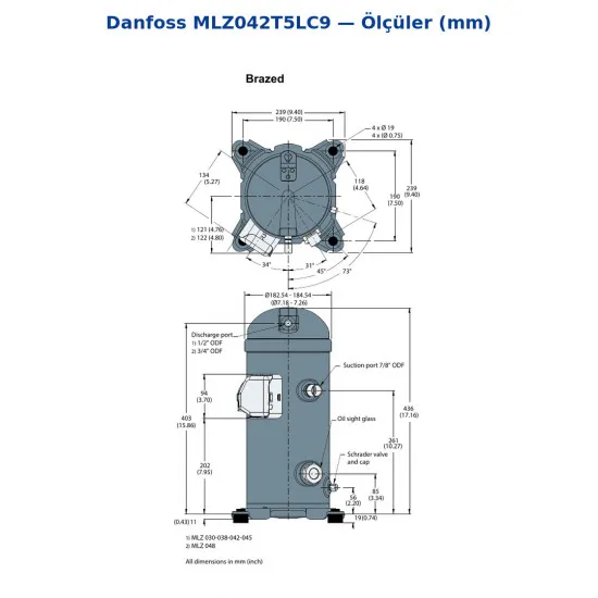 Danfoss MLZ042T5LC9 Scroll Kompresör (121U8418) | 5,5 HP | 16.720 W (57.083 BTU/h) | R404A | MONOFAZE 220-240V Tek Faz