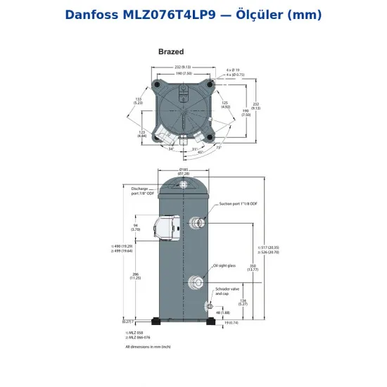Danfoss MLZ076T4LP9 Scroll Kompresör (121L8654) | 10 HP | 29.177 W (99.610 BTU/h) Soğutma Kapasiteli | R404A / R448A / R449A / R452A | 3 Faz 380-415V
