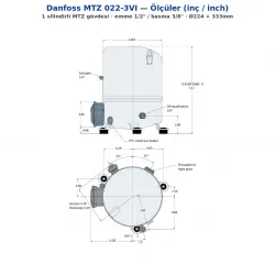 Danfoss MTZ 022-3VI Hermetik Pistonlu Kompresör (MTZ22JC3BVE) - 38,12 cm³, 2 HP, 20.122 BTU/h, 1 Silindir, R404A/R134a/R452A, 230V 3 Faz 60Hz