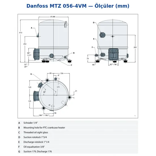 Danfoss MTZ 056-4VM Hermetik Pistonlu Kompresör (MTZ56HL4BVE) - 96,13 cm³, 5 HP, 50.744 BTU/h, 2 Silindir, R404A/R134a/R452A, 400V 3 Faz 50Hz