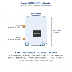 Danfoss MTZ 072-3VI Hermetik Pistonlu Kompresör (MTZ72HN3BVE) - 120,94 cm³, 6 HP, 63.840 BTU/h, 2 Silindir, R404A/R134a/R452A, 230V 3 Faz 60Hz