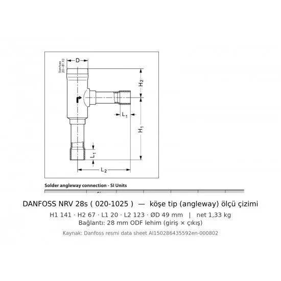 Danfoss NRV 28s Köşe Tip Çek Valf (020-1025) – 28 mm ODF Kaynaklı, Kv 16,5 m³/h, 46 Bar