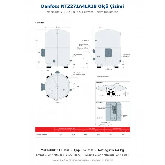Danfoss NTZ271A4LR1B Hermetik Pistonlu Kompresör (120F0242) | 10 HP | 27.400 BTU/h LBP Düşük Sıcaklık | R404A | 271 cm³ | 400V 3 Faz