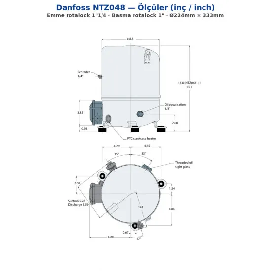 Danfoss NTZ048A4LR1B Hermetik Pistonlu Kompresör (120F0227) | 2 HP | 4.070 BTU/h LBP Düşük Sıcaklık | R404A | 48 cm³ | 400V 3 Faz