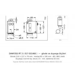Danfoss RT 3 Endüstriyel Termostat (017-501466) | −25 / +15 °C, Kılcal Sensörlü, SPDT, IP66
