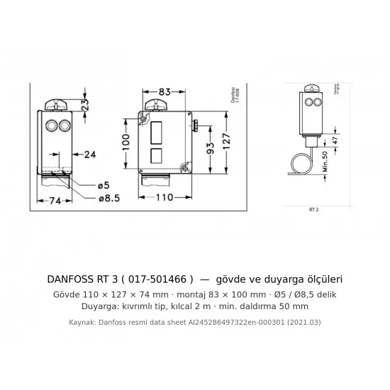 Danfoss RT 3 Endüstriyel Termostat (017-501466) | −25 / +15 °C, Kılcal Sensörlü, SPDT, IP66