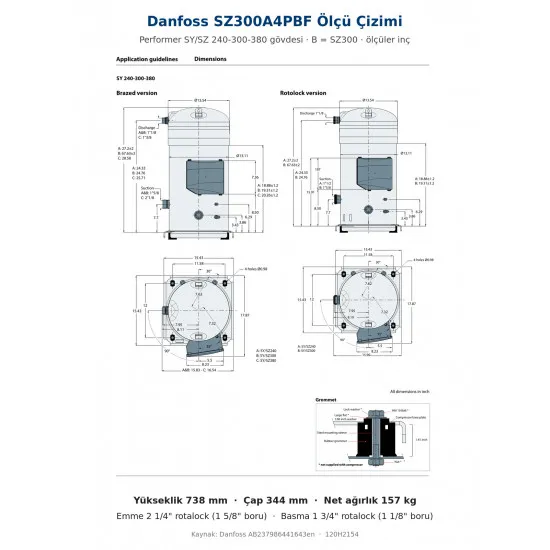 Danfoss SZ300A4PBF Scroll Kompresör (120H2154) | 25 HP | 248.356 BTU/h Soğutma Kapasiteli | R407C / R134a / R513A | 3 Faz 380-415V