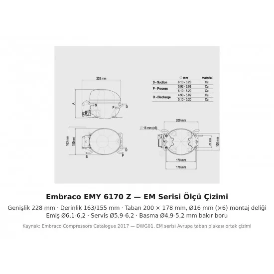Embraco EMY 6170 Z Buzdolabı Motoru – R134a, L/MBP, 1/4 HP, 7,7 cm³, 220-240 V