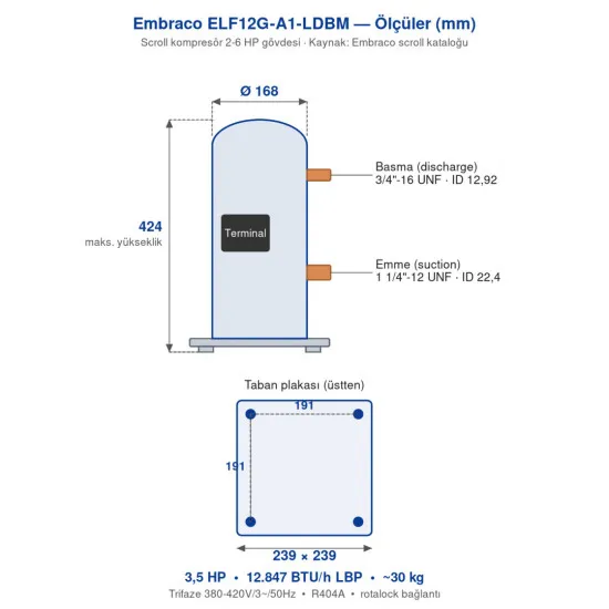 Embraco ELF12G-A1-LDBM Scroll Kompresör | 3,5 HP | 12.847 BTU/h (3.762 W) LBP Soğutma | Trifaze | R404A (Servis Vanalı)