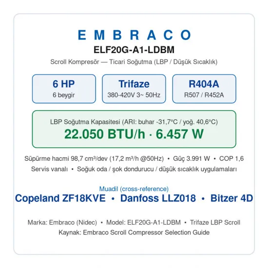 Embraco ELF20G-A1-LDBM Scroll Kompresör | 6 HP | 22.050 BTU/h (6.457 W) LBP Soğutma | Trifaze | R404A (Servis Vanalı)