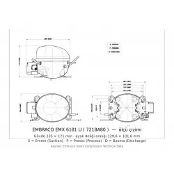 Embraco EMX 6181 U Buzdolabı Motoru – R290 Propan, MBP, 1/3 HP, 975 W, 6,92 cm³