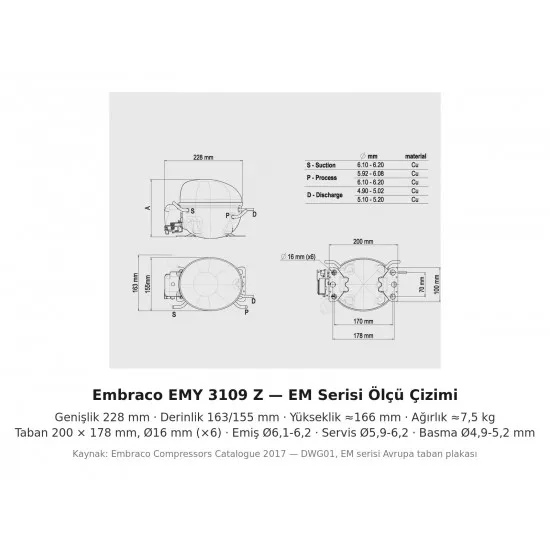 Embraco EMY 3109 Z Buzdolabı Motoru – R134a, L/MBP, 1/10 HP, 3,96 cm³, 108 W
