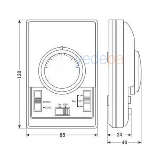 Merkezi Klima Fancoil Termostat 10~30°C - Sıcak, Soğuk AC110-220V, Duvara Montaj, Mekanik, 3 Fan Modu