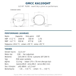 GMCC KA120QHT Hermetik Kompresör – 1/2 HP, R290, 1.500 W / 5.118 BTU/h