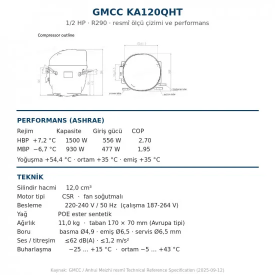 GMCC KA120QHT Hermetik Kompresör – 1/2 HP, R290, 1.500 W / 5.118 BTU/h