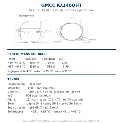 GMCC KA140QHT Hermetik Kompresör – 1/2+ HP, R290, 1.850 W / 6.312 BTU/h