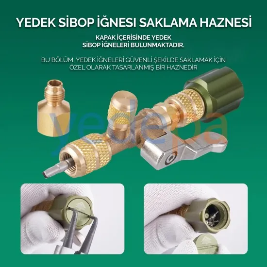 HS-1430 HVAC Vana Sibopu İğne Sökme Takma Aparatı – 1/4" & 5/16" SAE Portlu, R22, R410A, R32 Uyumlu