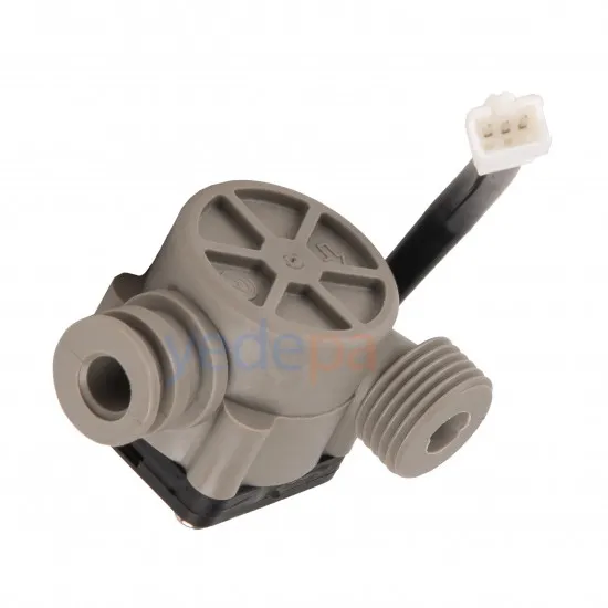Huadi Su Akış Sensörü (Akış Türbini) – L Dişli Geçme Bağlantılı Gri Gövde – Şofben Uyumlu