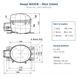 Huayi B43CB Hermetik Buzdolabı Kompresörü – 1/12 HP, R600a, LBP 69 W