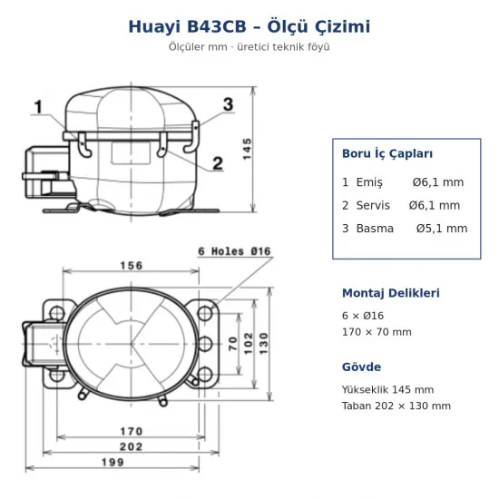 Huayi B43CB Hermetik Buzdolabı Kompresörü – 1/12 HP, R600a, LBP 69 W