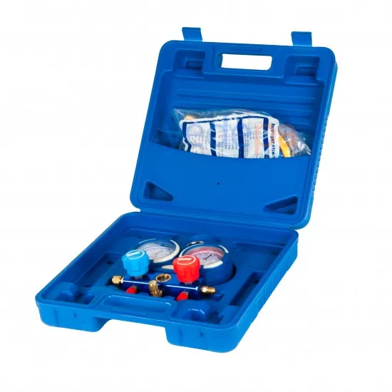 İki Valfli Manifold Gösterge Saati R22, R134a, R404A, R410A - Anti-Çarpışma Serisi - Çantalı, Hortumlu