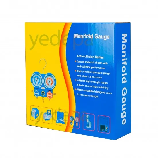 İki Valfli Manifold Gösterge Saati R22, R134a, R404A, R410A - Anti-Çarpışma Serisi - Çantalı, Hortumlu