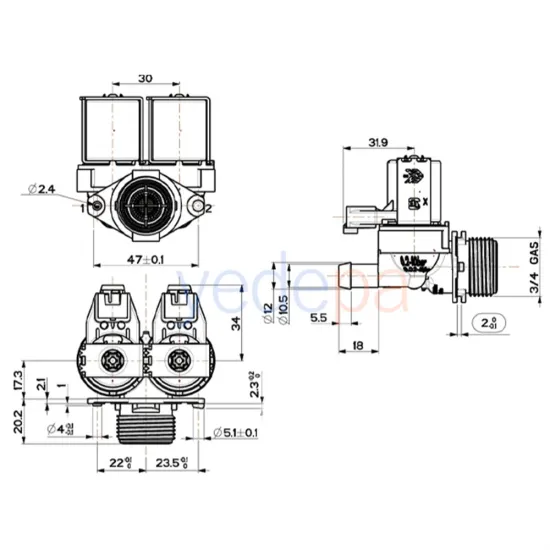 Çamaşır Makinası İkili Su Giriş Vana Ventili Mavi Bobin - 180° Plastik Bağlantılı Grup Soketli - TP Reflex