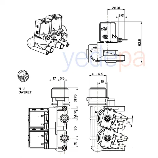 İkili Su Giriş Ventil Vana 180° Geçmeli - İndesit, Ariston, Hotpoint Uyumlu