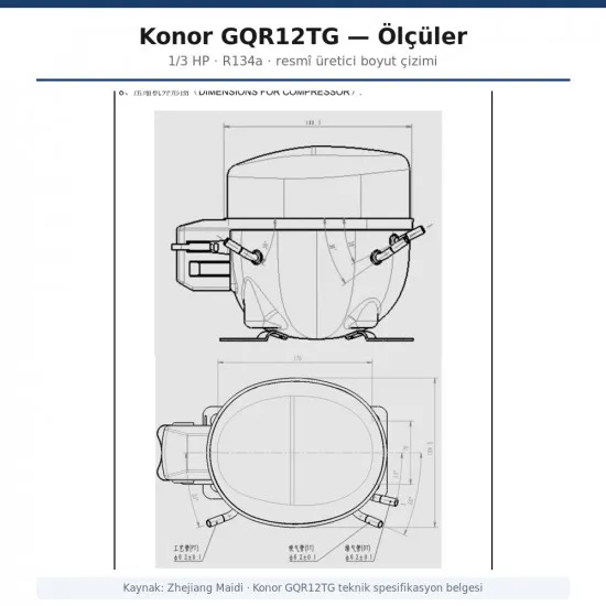 Konor GQR12TG Hermetik Kompresör – 1/3 HP, R134a, 1.265 W / 4.316 BTU/h