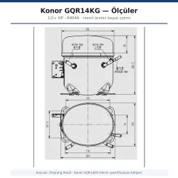 Konor GQR14KG Hermetik Kompresör – 1/2+ HP, R404A, 2.196 W / 7.493 BTU/h