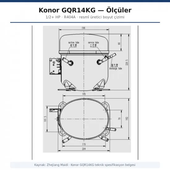 Konor GQR14KG Hermetik Kompresör – 1/2+ HP, R404A, 2.196 W / 7.493 BTU/h