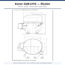 Konor GQR14TG Hermetik Kompresör – 3/8 HP, R134a, 1.320 W / 4.504 BTU/h