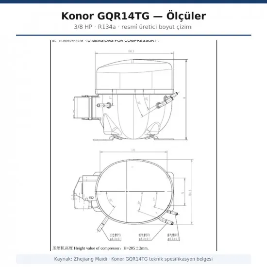 Konor GQR14TG Hermetik Kompresör – 3/8 HP, R134a, 1.320 W / 4.504 BTU/h
