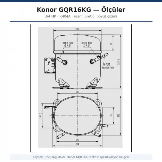 Konor GQR16KG Hermetik Kompresör – 3/4 HP, R404A, 2.420 W / 8.257 BTU/h