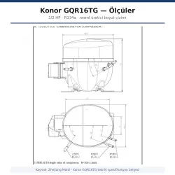 Konor GQR16TG Hermetik Kompresör – 1/2 HP, R134a, 1.450 W / 4.948 BTU/h