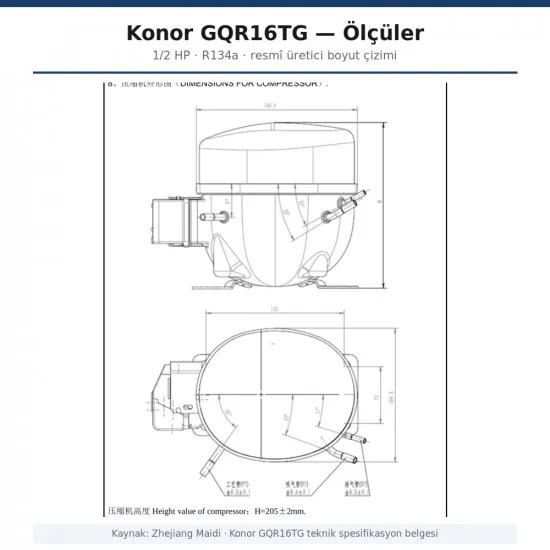 Konor GQR16TG Hermetik Kompresör – 1/2 HP, R134a, 1.450 W / 4.948 BTU/h