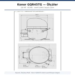 Konor GQR45TG Hermetik Kompresör – 1/6 HP, R134a, 440 W / 1.501 BTU/h